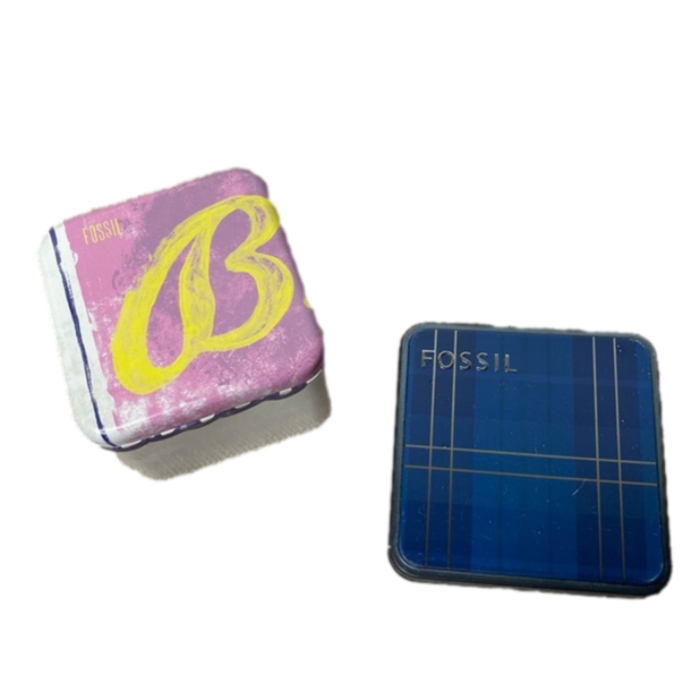 FOSSIL Watch Boxes - Blue Plaid, Pink Logo - set of 2 Tin boxes